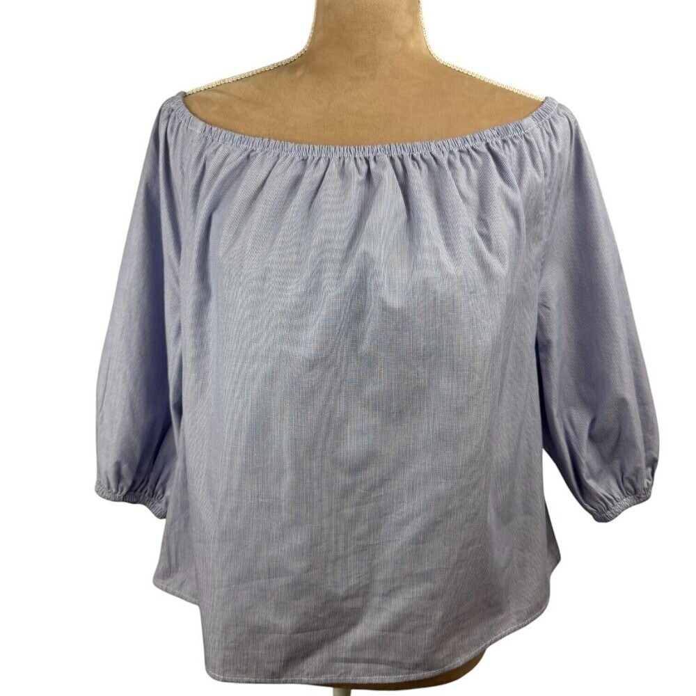 Maeve Womens XS Top Blue White Cotton Chambray Off Shoulder Preppy‎ Spring NWT - Picture 2 of 16
